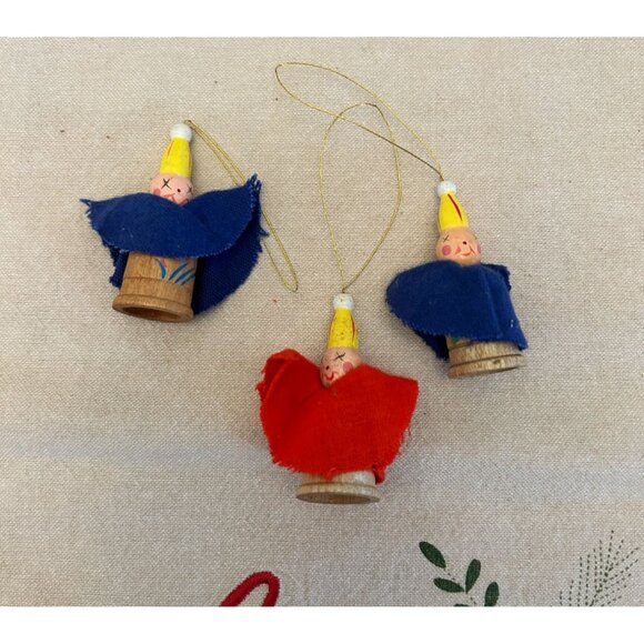 Vintage Wooden Spool Circus Clowns MCM Christmas Ornaments Hand painted Set of 3 - Picture 1 of 4